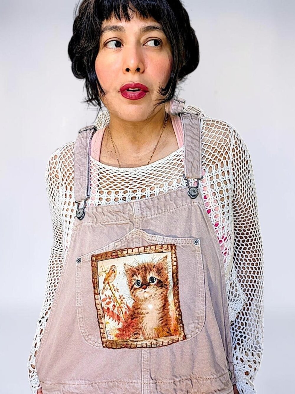 VTG 90s prairie fairy cottage kitten cat brown taupe denim overalls OS unisex - Picture 2 of 9